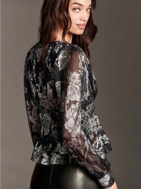 Anthropologie Metallic Navy and Silver Floral V-Neck Peplum Blouse